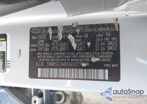 2010 Hyundai Santa Fe Gls z USA, uszkodzony, nr VIN 5NMSG3ABXAH377684